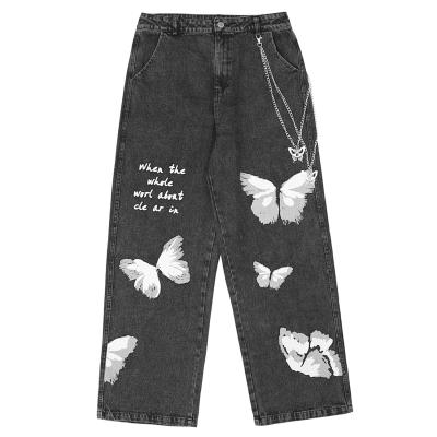 China Custom Made High Quality Mens Butterfly Print Breathable Denim Pants Straight Leg Blue Jeans For Men for sale