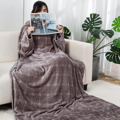 China Simple Wholesale Multiple Colors Warm Soft Soft Flannel Fleece TV Wearable Blanket With Sleeves for sale