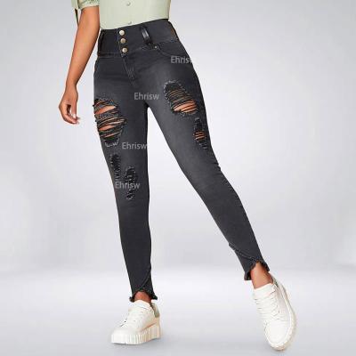 China Autumn Women High Waist Buttoned QUICK DRY Ripped Jeans Woman Plain Zipper Deco Cut 2023 out of Lady Skinny Sexy Denim Pants Trousers for sale