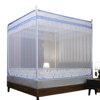 China Insecticide Treated Wholesale Blue Quadrate Mosquiteros Automatic Bed Four-Door Auto-Bracket Mosquito Net Bed for sale