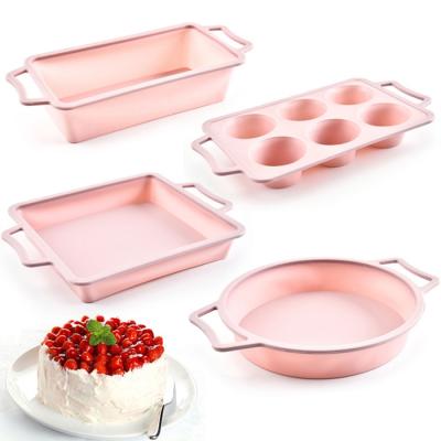 China Cake Baking 4PCS Pink Silicone Cake Mold Heat Resistant Kitchen Bakeware With Handle for sale