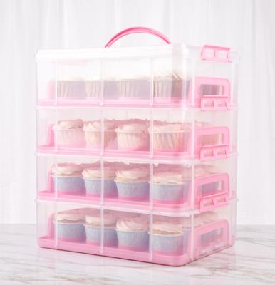 China Stackable 4-Layer Cupcakes Stackable Cupcake Box 48 Cupcake Carrier Pink Locking Wedding Cupcake Display Container for sale