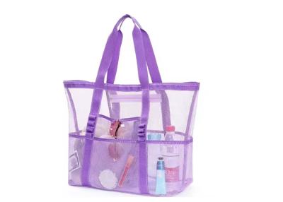 China Eco Friendly RPET Large Beach Tote Bag Polyester Purple Mesh Bag Custom Logo for sale