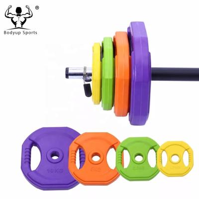 China Durable Barbell Weights Standard 2 Grips Weightlifting Rubber Coated Plate for sale