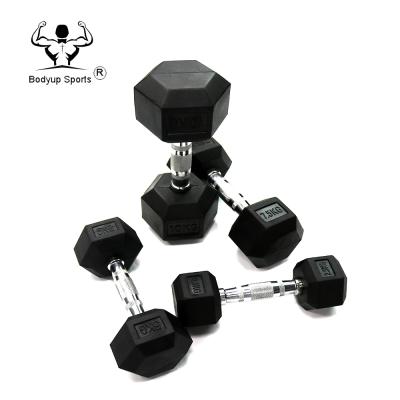 China Rubber Covered Dumbbell Two Style Of Rubber Coated Handle Hex Dumbbell for sale