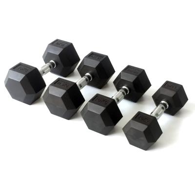 China Rubber Covered Dumbbell Two Style Of Rubber Coated Handle Hex Dumbbell for sale