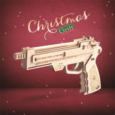 China 2020 Speed ​​Drive Christmas Gift Laser Cutting Gun Wooden DIY Toy Assemble Full Rubber Band Pistol Mechanical Model Wooden Gun 3d Puzzle for sale