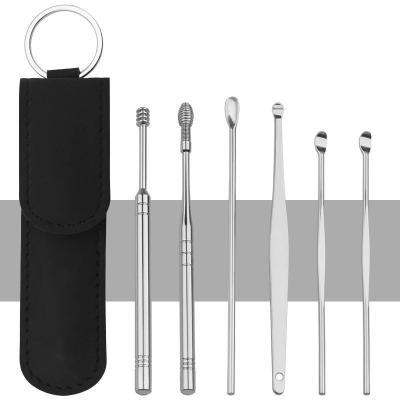 China Stainless Steel 6 in 1 PU Case Ear Cleaners Stainless Steel Ear Pick Set with Key Ring Ear Wax Kit Metal in Leather Holder for sale