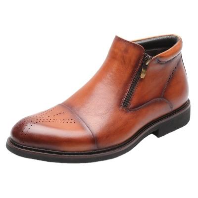 China Wholesale Custom Logo Round Boots Zip Up Brown Genuine Leather Ankle Boots For Men for sale