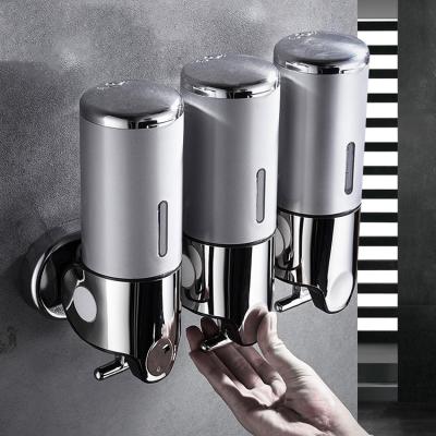 China Sanitary Foam Soap Dispenser Hotel Bathroom Toilet ABS Plastic Wall Mount Shampoo Manual Shower Gel Triple Liquid Soap Dispensers for sale