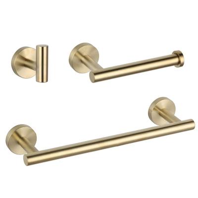 China 3 Piece Gold Stainless Steel Modern Wall Mounted Bathroom Accessories Set Tissue Paper Roll Holder Towel Rack Robe Hook for sale