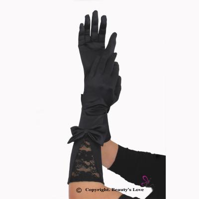 China Fashion sexy costume opera length opera length gloves satin accessories bridal black gloves with lace and bow for sale