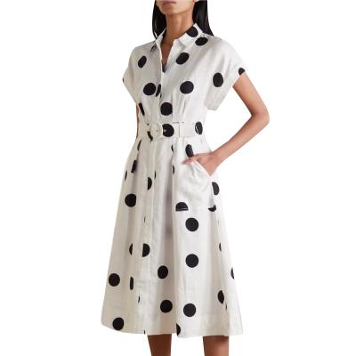 China New Summer Cotton Dresses Women Anti-static Street Elegant Dot Polka Print A Line Big Shirt Dress With Belt for sale