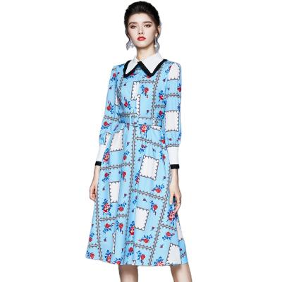 China 2021 Anti-Static Top Show Fashion Vintage Belted Retro Dresses Blue European Print Knee Length Elegant Chic Midi Dresses for sale