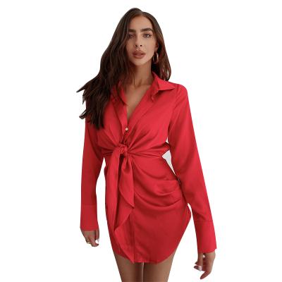 China European Latest Stylish Unique Design Shiny Satin Shirt Anti-Static Dresses Charming Front Twist Mini Dresses Women for sale