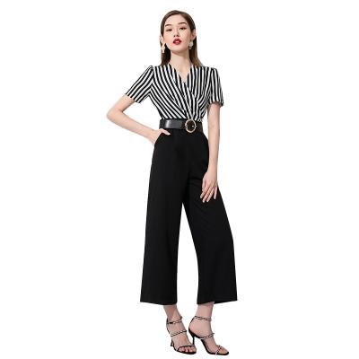 China MUJIU 2021Italian Designer Big Size Loose Overalls Women Summer Stripe QUICK DRY Rompers With Belt Classic Overalls for sale