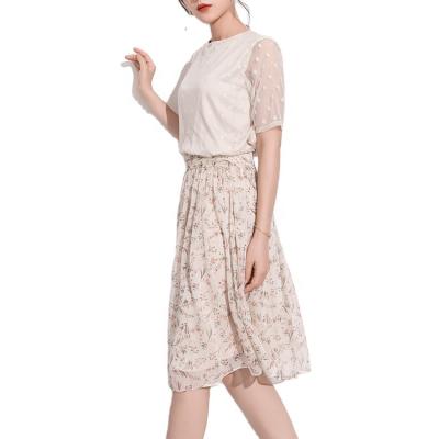 China MUJIU QUICK DRY fashion women office wear outfits lace up sleeve top and floral skirt 2 piece sets empty chiffon blouse and skirt set for sale