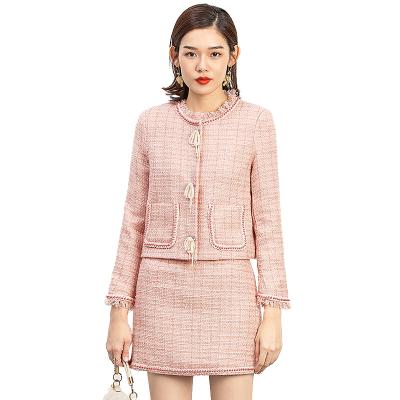 China 2021 French Bay Raincoat Fashion Na Office Ladies Teams Winter Ruffle Worsted Neck Chic Pink Tweed Coat Edges Sets for sale