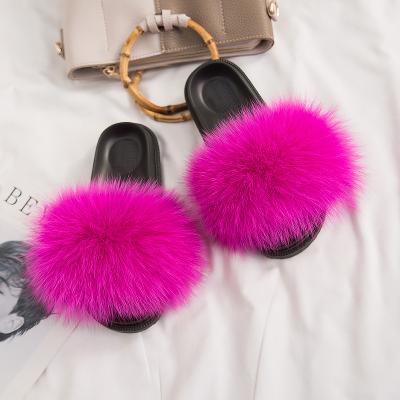 China CUSHIONING real slippers plush fox fur slippers fur logo leather flat slippers custom made for sale