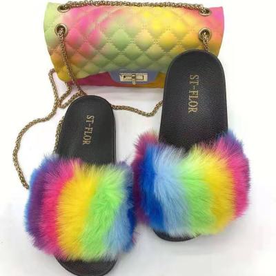 China CUSHIONING wholesale tote bag and real slippers fox skin slippers and jelly bag slippers and fluffy luggage wholesaler for sale