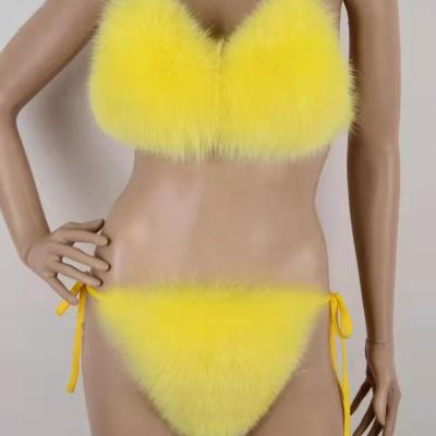 China Anti-wrinkle bikini wholesale real fur bikini set waist halter fur bikini top for sale