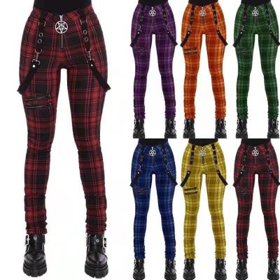 China New Breathable Stylish Patchwork Plaid Track Pants Women Zipper Jogger Sweatpants Ladies Pants With Straps for sale