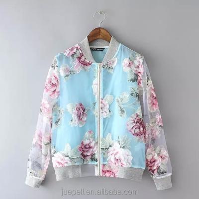 China Breathable OEM Plus Size Women Floral Printing Bomber Jacket With Pockets And Sheer Sleeves for sale