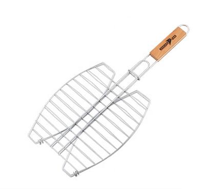 China Economical BBQ Accessory Easily Cleaned Wooden Handle Fish Grill Basket For Outdoor BBQ for sale