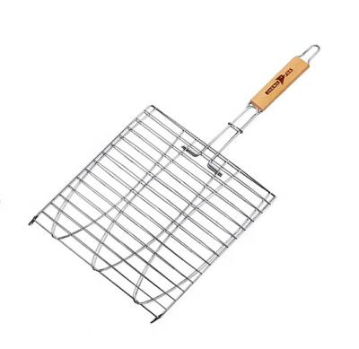 China Heat Resistance Adjustable Wooden Handle Height Anti-Corrosion Fish Grill Basket For Outdoor BBQ for sale