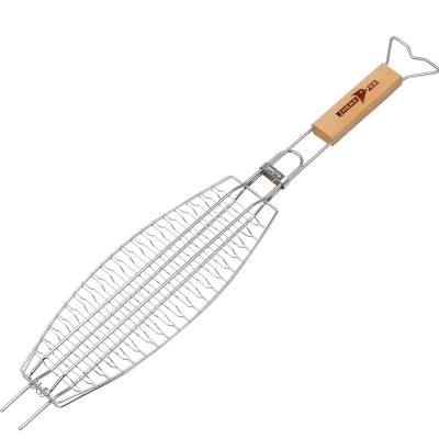 China Easily Cleaned Fish Grill Mesh With Wooden Handle Stainless Steel BBQ Grill Basket Fish Grill Net for sale