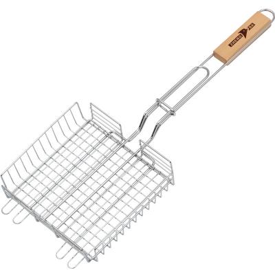 China Easily Cleaned Portable BBQ Grilling Basket Kebab Grill Outdoor Net With Wooden Handle BBQ Accessories for sale