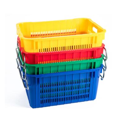 China Heavy Duty Storage Container Industrial Basket Mesh Plastic Stackable Container Crate With Metal 2 Side Handle for sale