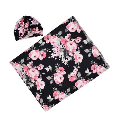 China Factory wholesale custom anti-pilling milk silk baby wrap floral digital printed blanket and turban set for sale