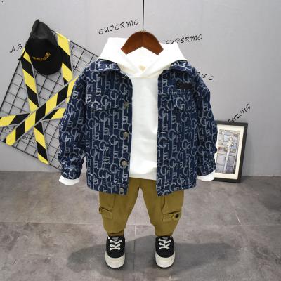 China Spring New Boys Letters Denim Clothes Casual Hooded Sweater Pants Three Piece Sets for sale