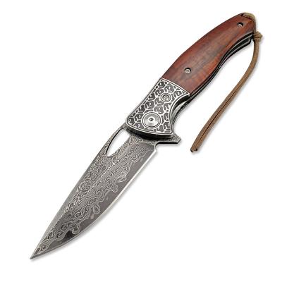 China 3.2in VG10 Damascus Blade Hunting Knife Rosewood Handle Non-variable Steel Folding Camping EDC Pocket Knives for sale