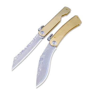 China Non-variable Handle Japanese Brass Pocket Knife Folding Damascus Blade EDC Steel Camping Knives With Sheath for sale