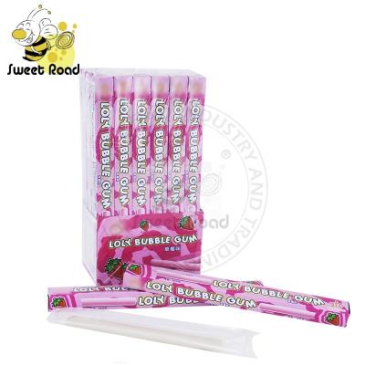 China Long Stick Strawberry Bubble Gum Chewing Gum Candy With Sour Powder Filling BG-519 for sale