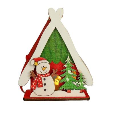 China Simple Wooden Tree Decorations Christmas Tree Decorations Colorful LED Log Cabin Ornament for sale