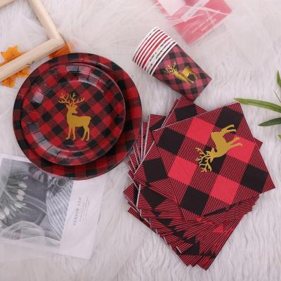 China Simple Christmas Plaid Elks Set Cake Pan Party Decorations Tissue Plate Disposable Paper Cups for sale