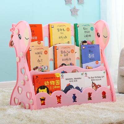 China Wholesale Contemporary Cartoon Giraffe Kindergarten Baby Kindergarten Toy Shelf Plastic Book Shelves Kids Play Storage Shelf for sale