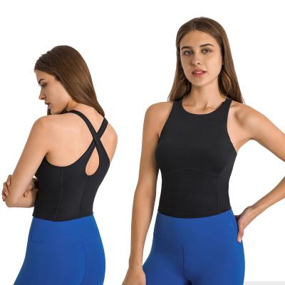 China Breathable 2022 High Neck Women Sport Vest Nylon Spandex Fabric Lightweight Fitness Tank Top for sale