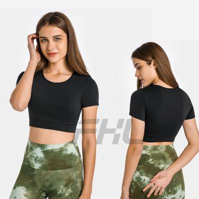 China 2022 Summer Yoga Wear Women Breathable Short Sleeve T-Shirt With Padded Inner Fitness Crop Top for sale