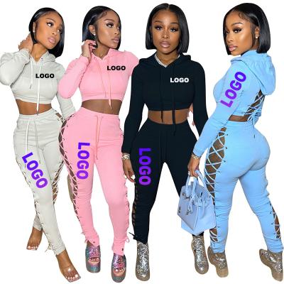 China Custom Anti-Wrinkle Logo Autumn Winter 2 Piece Sweatpants And Hoodies Set Solid Color Long Sleeve Cropped Women Tracksuits 2 Piece Set for sale