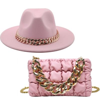 China Lady's Solid Color Woolen Fedora Hat Jazz Hat Man And Women Overflow Fedora Hats Felt Hat Bag Chain Set for sale