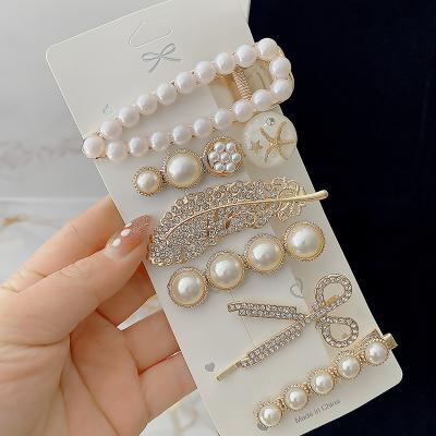 China Hairpin Fashion Korean Sweet Side Clip Pearl Wild Bangs Cut Diamond Hairpin Duckbill Clip Ins Hair Flashing Accessories for sale