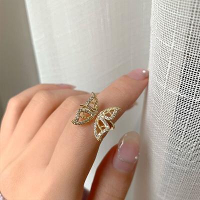 China New FASHIONABLE Personality Ladies Ring Opening Gold Plated Design Butterfly Ring Fashion Rhinestone Adjustable Ring for sale