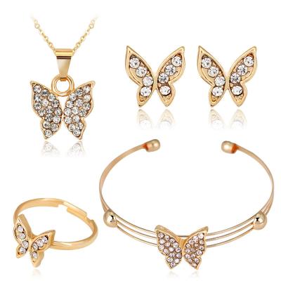 China Classic Cross Border Selling Necklace Set Cool Diamond Small Butterfly Earrings Ring Bracelet 4 Sets Set for sale