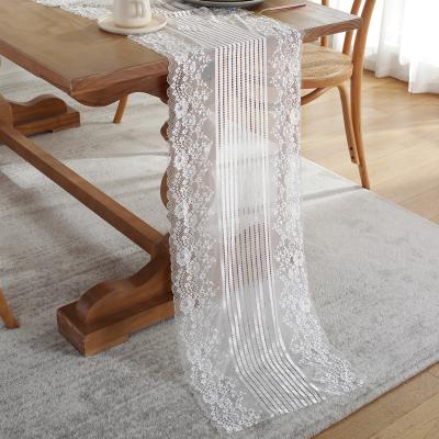 China Luxury wedding jacquard decoration lace flower table runner romantic black white for banquet decor for sale