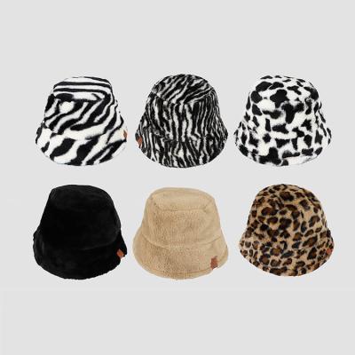 China New Fashion Plush Leopard Print Winter Zebra Plush Hairy Fur Bucket Hats For Women for sale