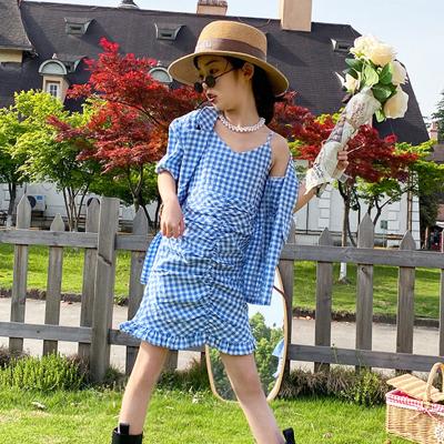 China The other Parent-child girl suit 2021 summer new French plaid V-neck jacket plus size suspender skirt for sale